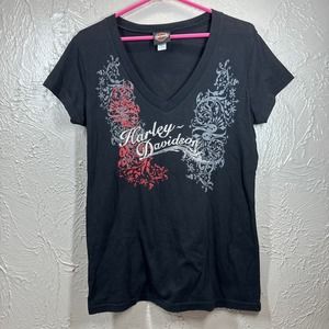 Harley-Davidson Womens Black V Neck Paisley Graphics Print T-Shirt Size Large‎